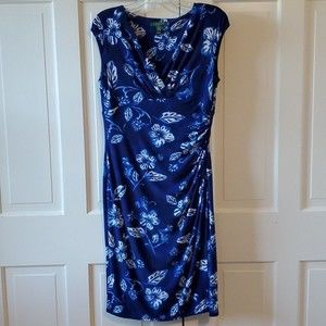 LAUREN RALPH LAUREN BLUE WHITE FLORAL STRETCH KNIT V-NECK RUCHED DRESS SIZE 12
